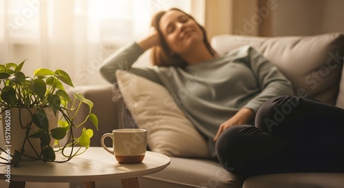 Relaxed woman enjoying a moment of peace indoors with a cup of steaming beverage on a table beside a plant. Soft lighting and a cozy atmosphere enhance the sense of tranquility.
