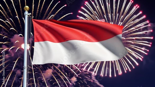 National flag independence state Indonesia, background fireworks. AI Generative