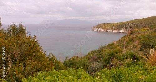 Wallpaper Mural Lush Coastal Vegetation Overlooking Calm Sea Under Cloudy Sky In Sicily, Italy. wide shot Torontodigital.ca