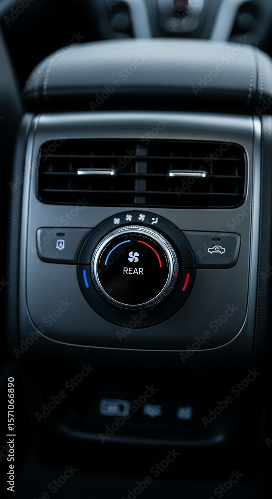 Close-up of car's rear air conditioning control panel, featuring a circular dial with temperature settings and fan speed indicator, showcasing modern automotive technology and interior design Close-up of car's rear air conditioning control panel, featuring a circular dial with temperature settings and fan speed indicator, showcasing modern automotive technology and interior design