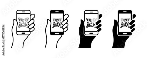 QR code scan icon with a smartphone. Mobile phone scanning QR code vector icon. Hand holding a phone with scanner symbol isolated.