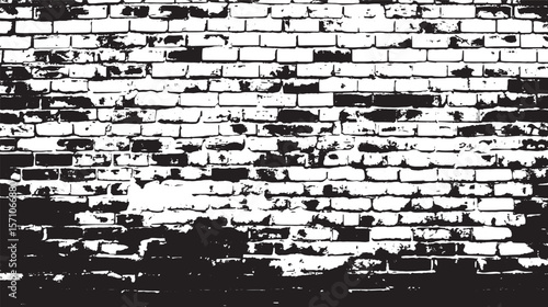 A black and white image of a brick wall with heavy staining and weathering effects across the surface