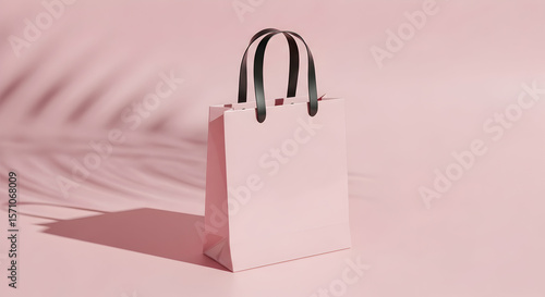 Minimalist Pink Shopping Bag with Elegant Black Handles Casting Soft Shadow on Pink Background

