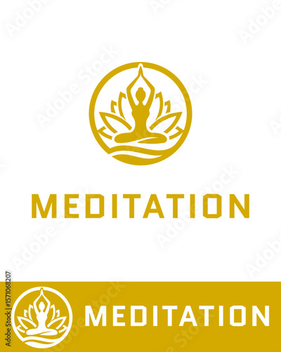 Elegant and modern logo design featuring a person in lotus pose with abstract lotus petals in a circular frame