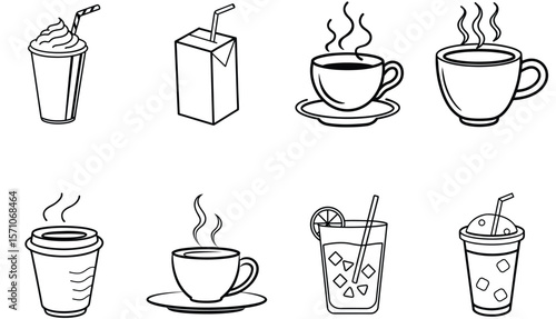 Assorted beverage icons with drinks and cups coffee juice