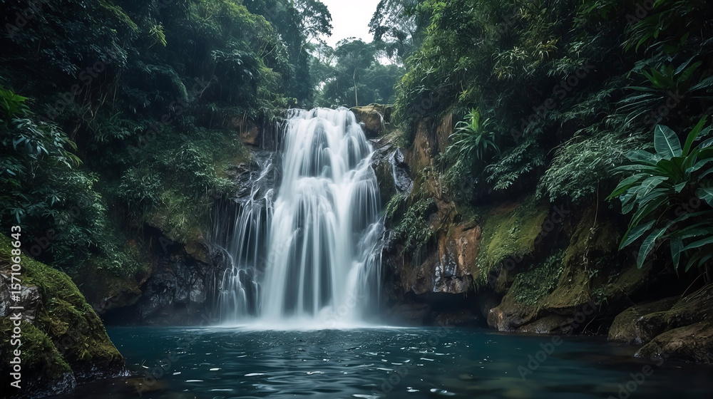 Fototapeta premium Serene waterfall cascading into turquoise pool surrounded by lush green vegetation in tropical rainforest landscape