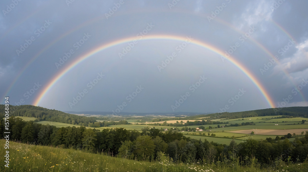 Naklejka premium Stunning double rainbow arcing across lush green landscape after a stormy weather displaying vivid colors above rolling hills and trees