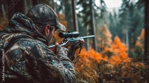 Hunting poacher in the forest. Hunter with shotgun gun on hunt. Hunter aiming rifle in forest