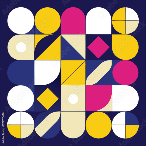 Modern geometric design composed of various colorful shapes arranged within a dark blue background creates a harmonious composition.