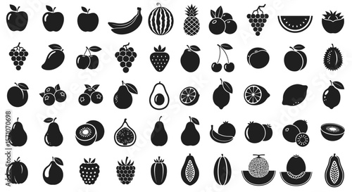 Diverse Fruits and Healthy Produce Solid Icon Set