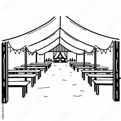 Empty festival tent with tables in black and white drawing
