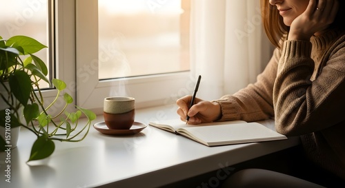 A woman writing in a notebook by a window with a cup of tea. Warm sunlight and a cozy atmosphere create a sense of relaxation and contemplation. Focus on detail and emotional impact.