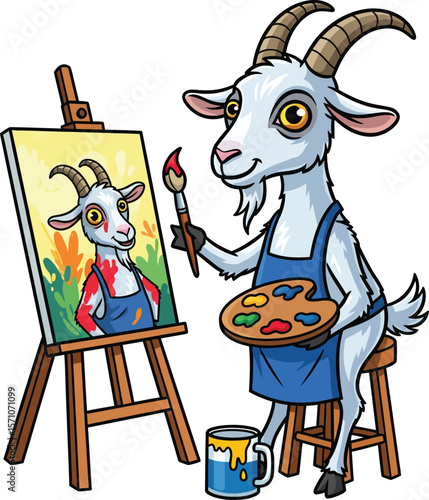 A funny cartoon goat artist painting a self-portrait on an easel