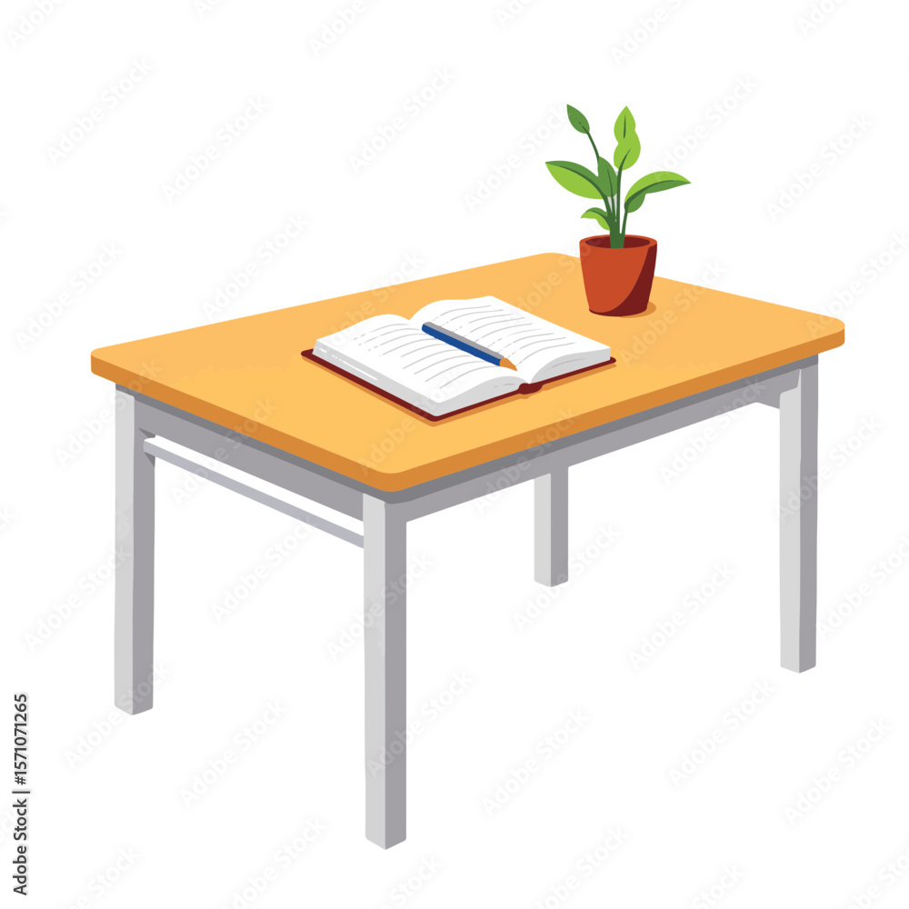 Fototapeta premium Simple wooden desk with notebook and plant, minimalistic design