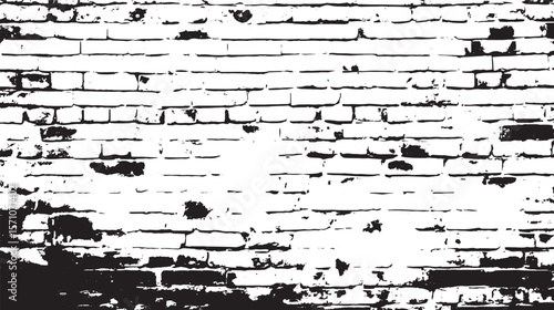 A black and white image of a brick wall with some damage and missing sections of the brickwork showing