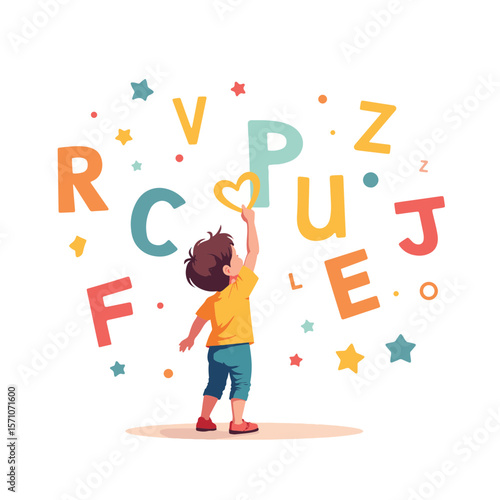 Child tracing colorful letters in the air, playful learning