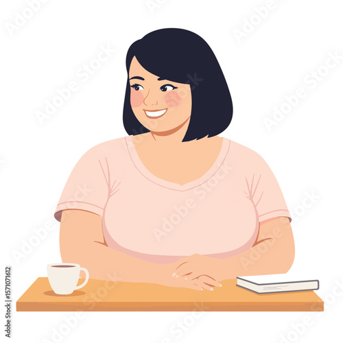 Smiling overweight girl sitting at desk with book and cup, body acceptance