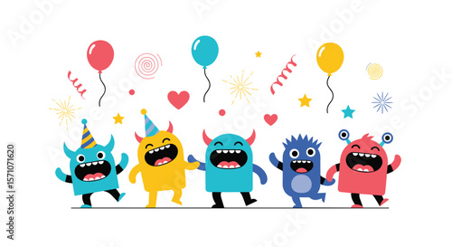 Joyful Monsters Celebration Party Balloons Confetti Happiness Fun Cartoon