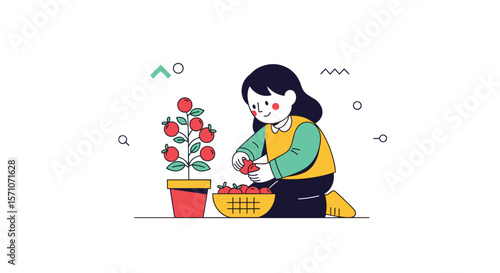 Little girl happily picking ripe red strawberries from a potted plant into a basket