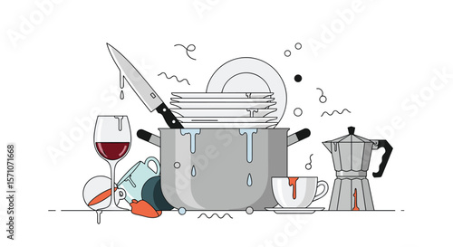 Kitchen Dishes Cleaning and Washing Process with Utensils and Appliances