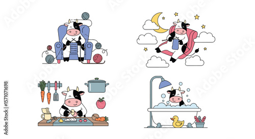 Cute Cow Characters Engaged in Various Activities and Hobbies with Whimsical Charm