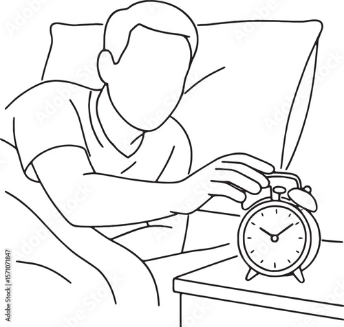  a man wake up and turning off an alarm clock