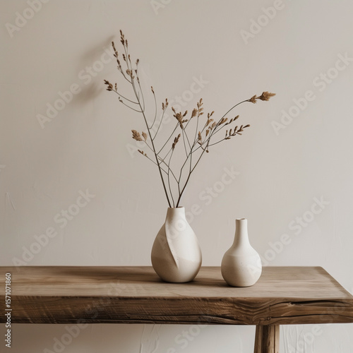 minimalist ceramic vases with dried natural grasses on rustic wooden table