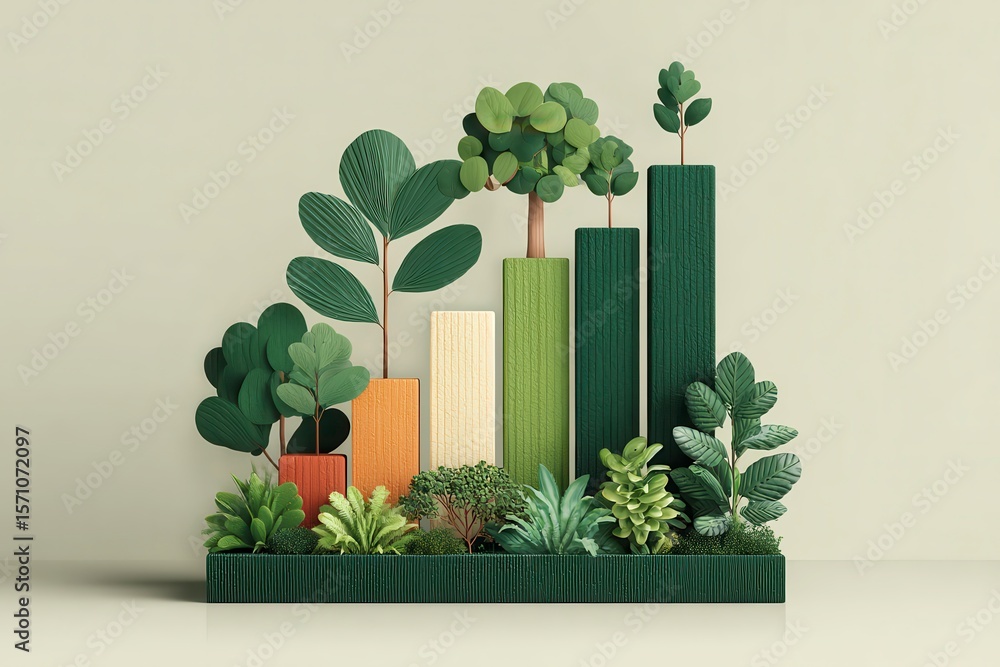Fototapeta premium Abstract Green Growth Chart with Plants and Trees in Various Sizes