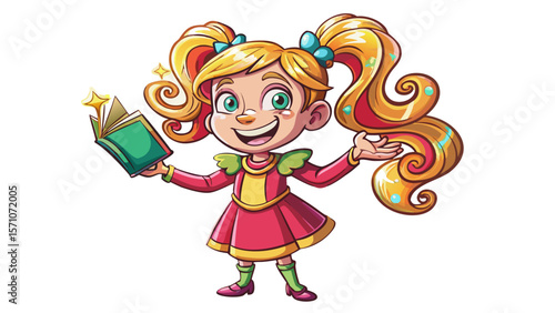 A smiling 3D cartoon girl with flowing golden pigtails twirls in a pink dress, her green eyes sparkling. Holding a book in one hand, she points upward with delight, as if sharing a brilliant idea. Her