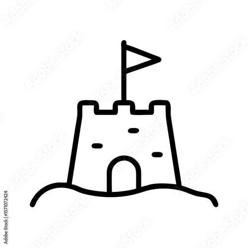 Minimalist black outline vector icon of a sandcastle with a flag on a sandy base, symbolizing childhood play, beach fun, and summer activities. Isolated on a transparent background