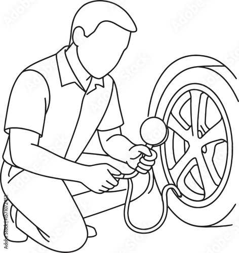 mechanic man checking tire pressure