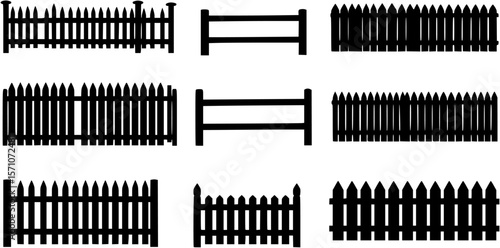 Country wooden fences, palisade vector silhouettes
