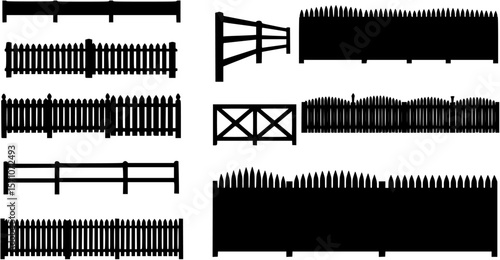 Country wooden fences, palisade vector silhouettes
