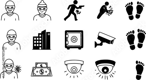 vector set of outline silhouette robbery icon set
