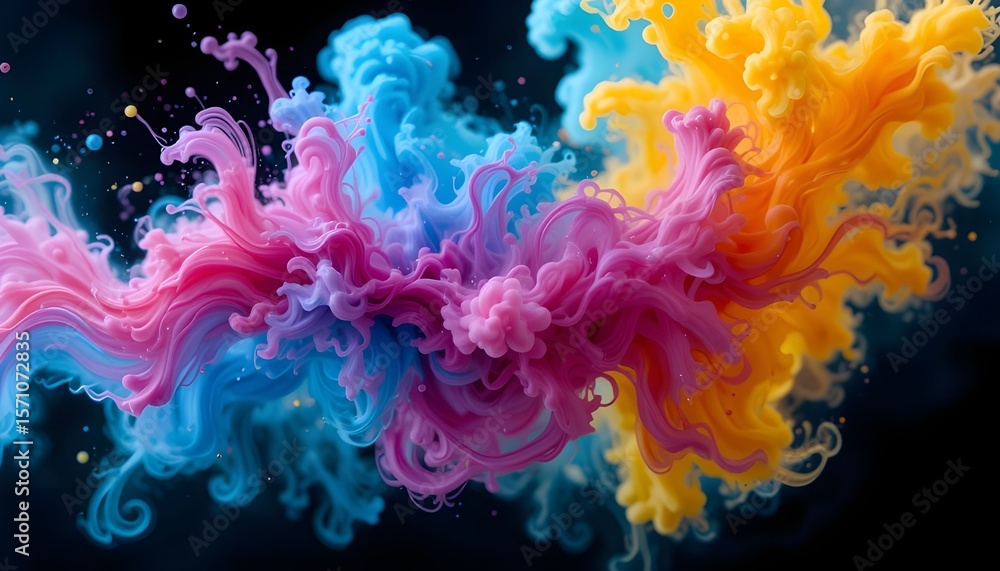 Fototapeta premium High-speed macro shot of colorful ink dropped in water, swirling cloud motion, black background, ultra HD”