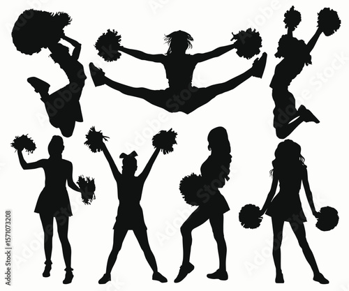 Cheerleader jumping  silhouette. Vector silhouette of a cheerleader holding pompoms. Cheerleader full body silhouette illustration. Girl pose cheerleading isolated. Pompom NFL icons.