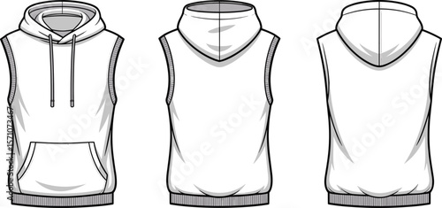 CAD drawing flat vector illustration of sleeveless hoodie front back view, technical fashion template, blank apparel design mockup