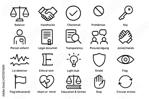 Ethics and Legal Icon Set - Justice, Transparency and Compliance Line Icons for Legal, Business and Moral Concepts