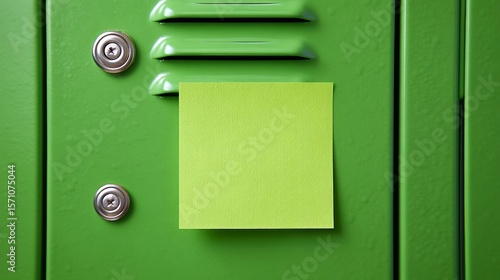 Bright Green Sticky Sheet on Shiny School Locker Door Highlighting School Environment