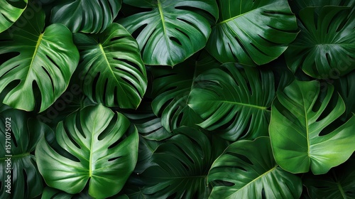 Wallpaper Mural Lush green Monstera leaves overlap, creating a dense, tropical foliage background. Use it as a background or to convey nature, growth, and vibrant health. Torontodigital.ca