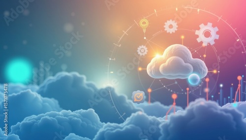 Cloud computing concept image with vibrant colors, including clouds, gears, and connection symbols. Showcasing innovation, technology, and the digital world