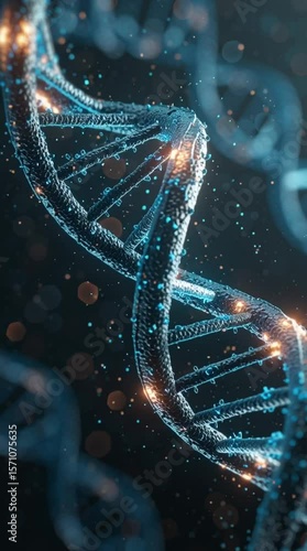 animation of a DNA double helix slowly rotating in place. The motion is smooth and continuous, with a subtle floating effect