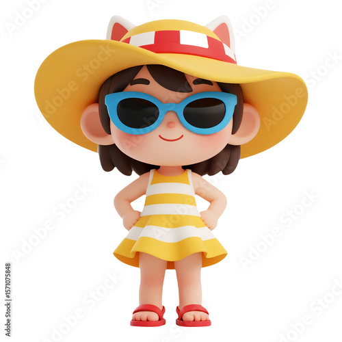 Cute Cartoon Girl Wearing Yellow Hat and Sunglasses in Summer Outfit