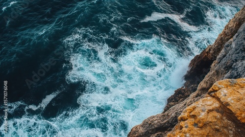 Crashing waves against rugged cliffs, an aerial view of ocean's power