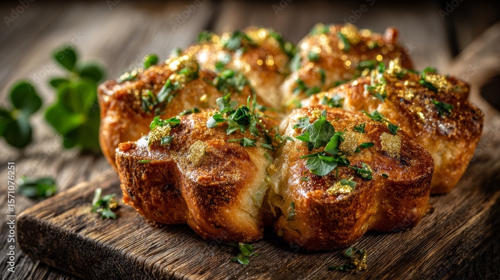 Photorealistic shamrock shaped bread centerpiece adorned with edible gold flakes and fresh green herbs on a rustic wooden table Photorealistic shamrock shaped bread centerpiece adorned with edible gold flakes and fresh green herbs on a rustic wooden table