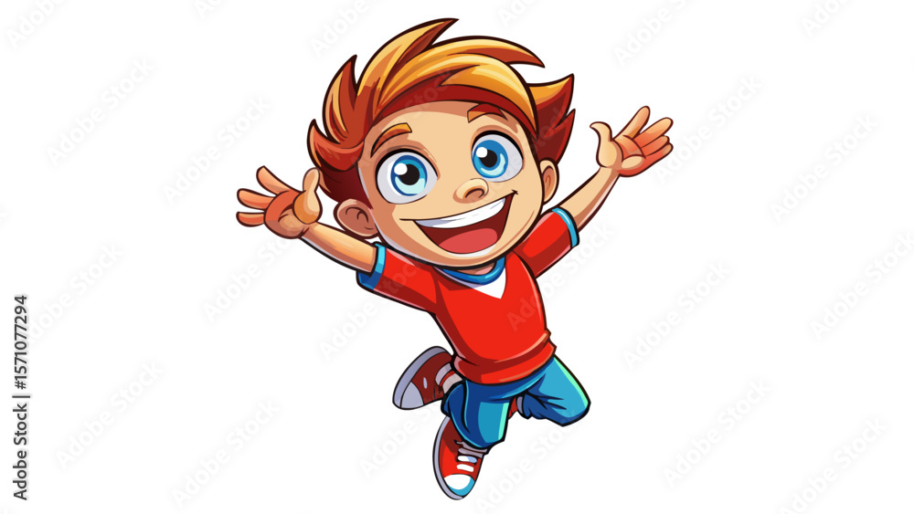A joyful 3D cartoon boy with bright blue eyes and tousled brown hair jumps with excitement. Wearing a red T-shirt and sneakers, he stretches his arms wide, glowing with innocence and charm. His cheerf A joyful 3D cartoon boy with bright blue eyes and tousled brown hair jumps with excitement. Wearing a red T-shirt and sneakers, he stretches his arms wide, glowing with innocence and charm. His cheerf