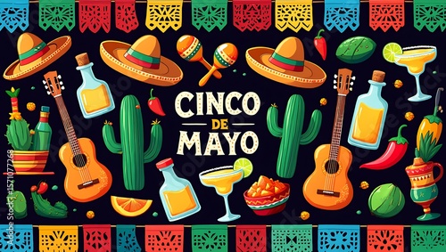 Cinco de mayo celebration with traditional mexican elements like sombreros guitars and margaritas