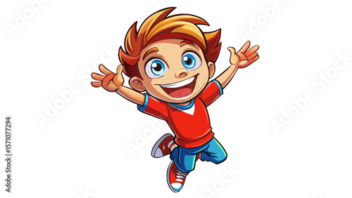 A joyful 3D cartoon boy with bright blue eyes and tousled brown hair jumps with excitement. Wearing a red T-shirt and sneakers, he stretches his arms wide, glowing with innocence and charm. His cheerf