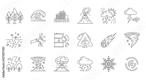  Natural Disasters and Weather Phenomena Line Icon Set