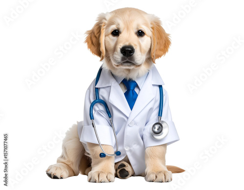  Cute Golden Retriever Puppy in Doctor Costume with Stethoscope Around Neck, Isolated on Transparent Background